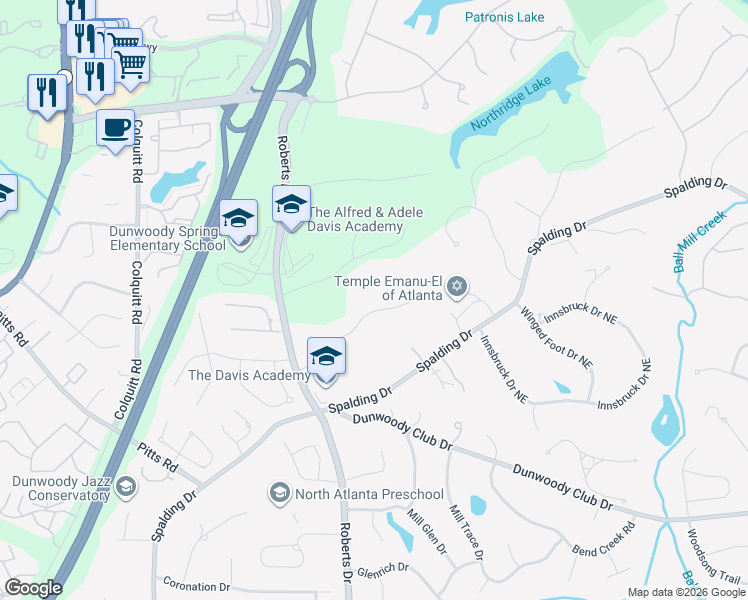 map of restaurants, bars, coffee shops, grocery stores, and more near 1580 Bakers Glen Drive in Atlanta