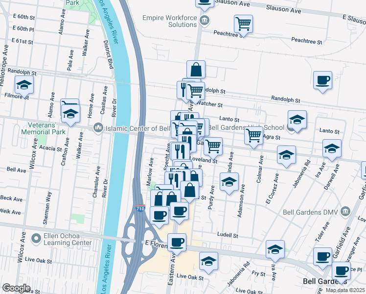 map of restaurants, bars, coffee shops, grocery stores, and more near 6415 Eastern Avenue in Bell Gardens