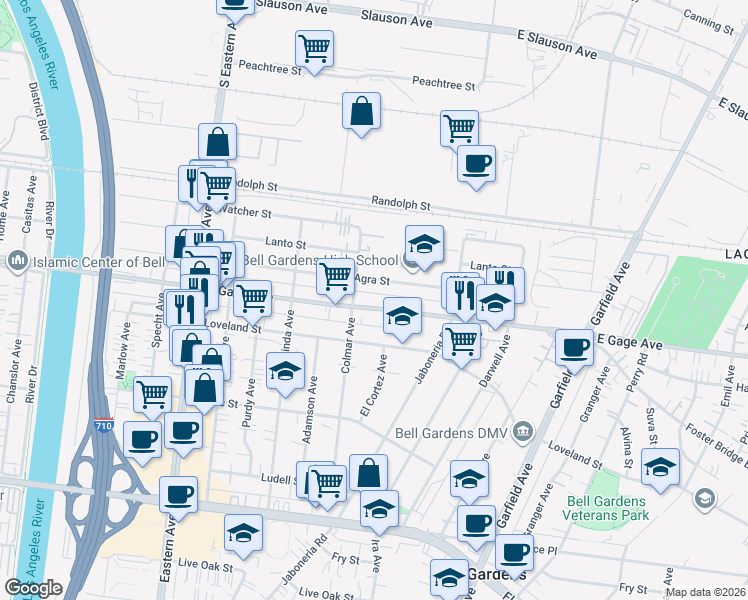 map of restaurants, bars, coffee shops, grocery stores, and more near 6021 East Gage Avenue in Bell Gardens