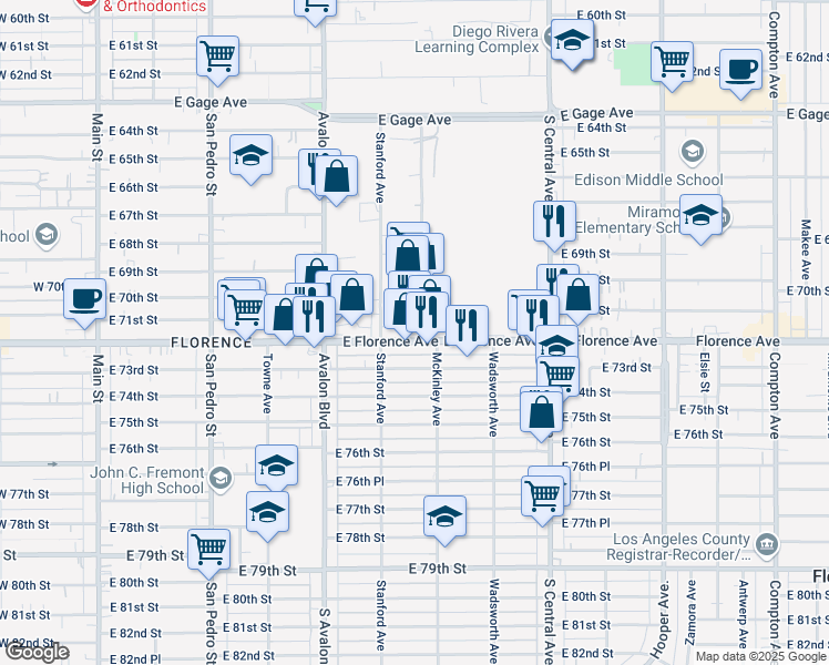 map of restaurants, bars, coffee shops, grocery stores, and more near 737 East Florence Avenue in Los Angeles