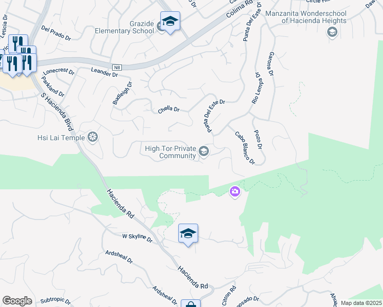 map of restaurants, bars, coffee shops, grocery stores, and more near 16268 Glencove Drive in Hacienda Heights