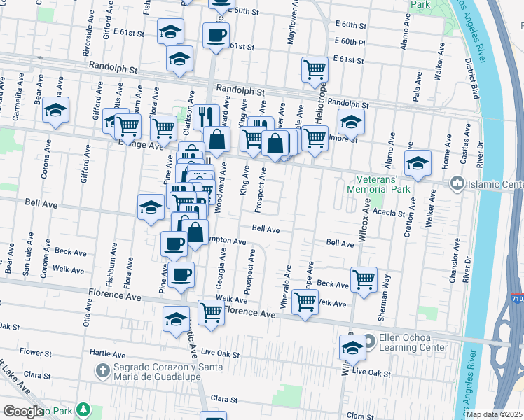 map of restaurants, bars, coffee shops, grocery stores, and more near 4667 Bell Place in Bell
