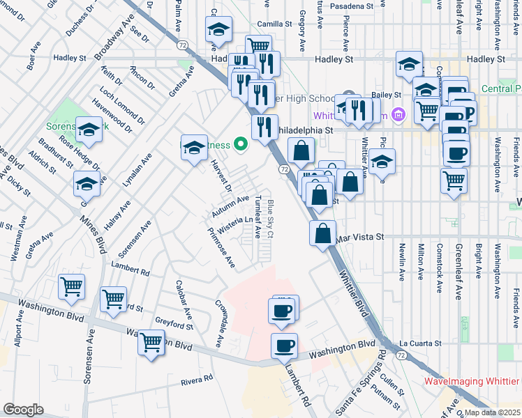 map of restaurants, bars, coffee shops, grocery stores, and more near 12190 Blue Sky Court in Whittier