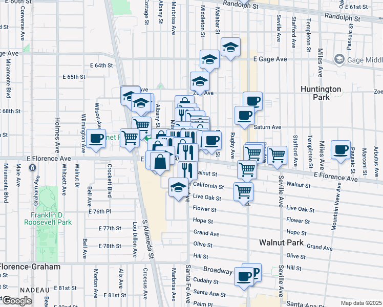 map of restaurants, bars, coffee shops, grocery stores, and more near 2401 East Florence Avenue in Huntington Park