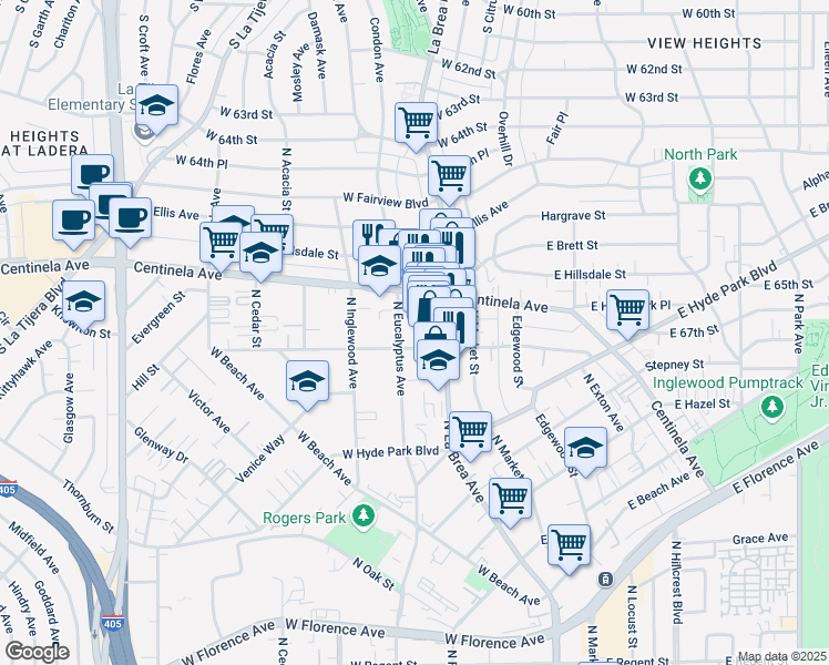 map of restaurants, bars, coffee shops, grocery stores, and more near 914 North Eucalyptus Avenue in Inglewood