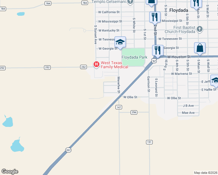 map of restaurants, bars, coffee shops, grocery stores, and more near 813 Cedar Street in Floydada