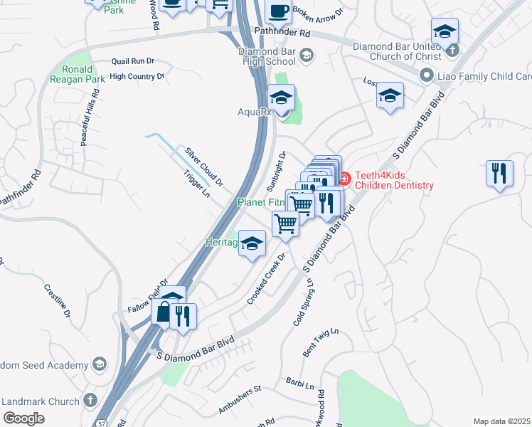 map of restaurants, bars, coffee shops, grocery stores, and more near 21220 Silver Cloud Drive in Diamond Bar