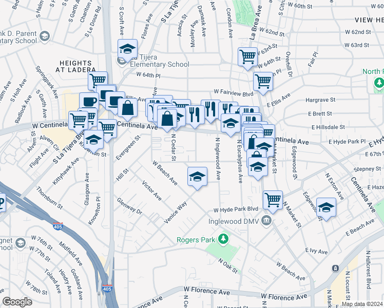 map of restaurants, bars, coffee shops, grocery stores, and more near 915 Enterprise Avenue in Inglewood
