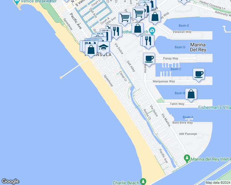 map of restaurants, bars, coffee shops, grocery stores, and more near 20 Hurricane Street in Los Angeles