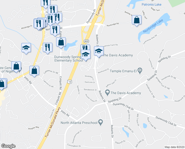 map of restaurants, bars, coffee shops, grocery stores, and more near 145 Smithdun Lane in Atlanta