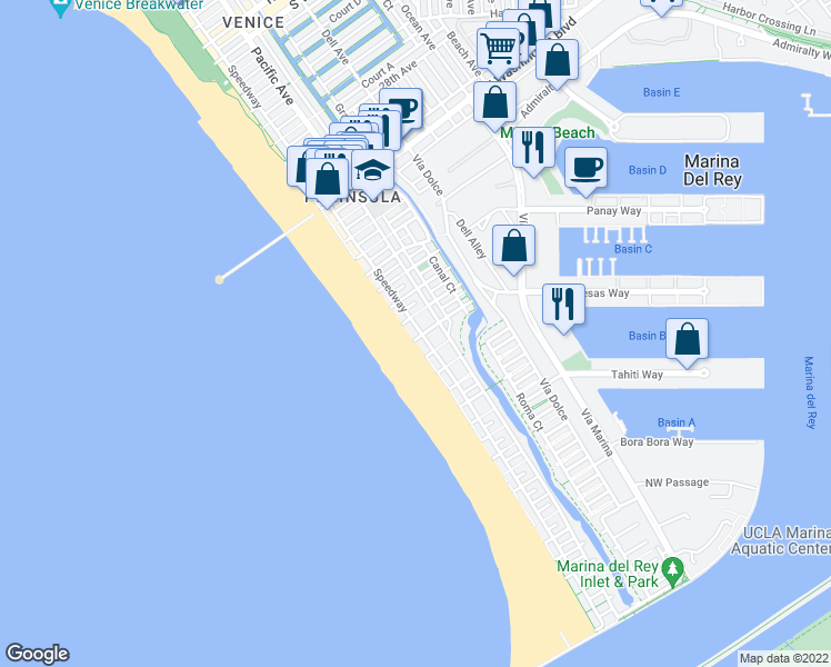 map of restaurants, bars, coffee shops, grocery stores, and more near 3817 Ocean Front Walk in Marina del Rey