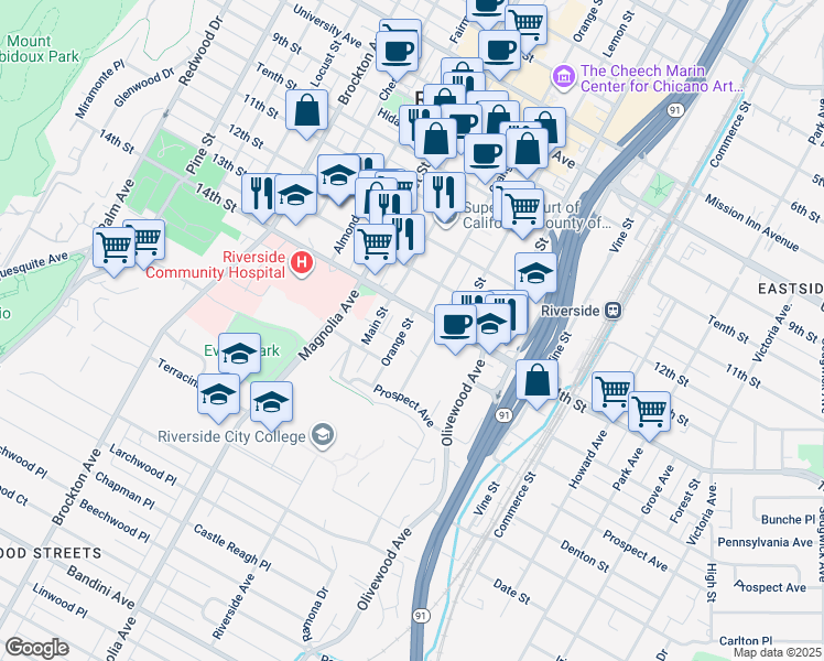 map of restaurants, bars, coffee shops, grocery stores, and more near 4434 Orange Street in Riverside