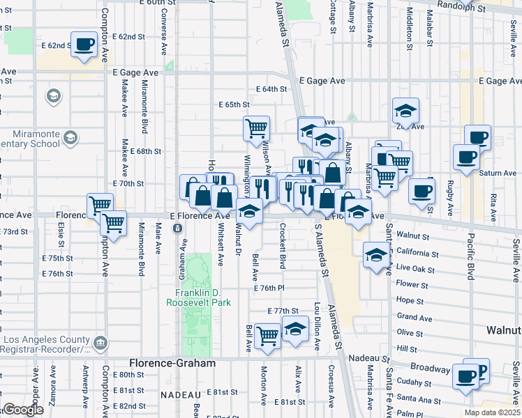 map of restaurants, bars, coffee shops, grocery stores, and more near 1957 East Florence Avenue in Los Angeles