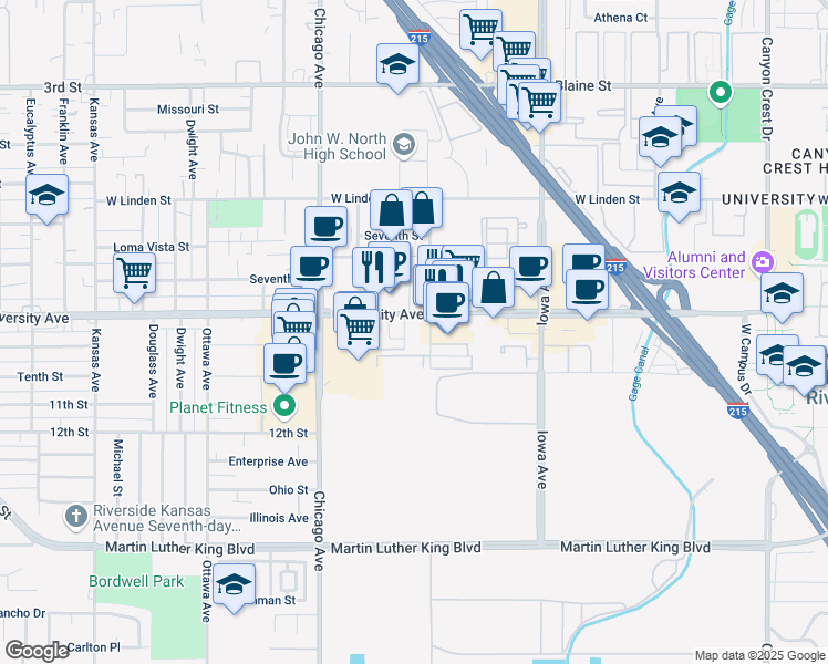 map of restaurants, bars, coffee shops, grocery stores, and more near 1510 University Avenue in Riverside