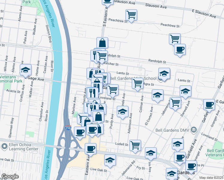 map of restaurants, bars, coffee shops, grocery stores, and more near 5830 East Gage Avenue in Bell Gardens