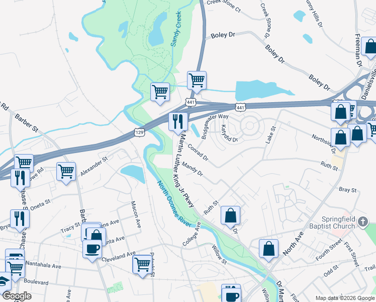 map of restaurants, bars, coffee shops, grocery stores, and more near 1110 Doctor Martin Luther King Junior Parkway in Athens