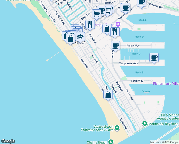 map of restaurants, bars, coffee shops, grocery stores, and more near 3817 Ocean Front Walk in Marina del Rey