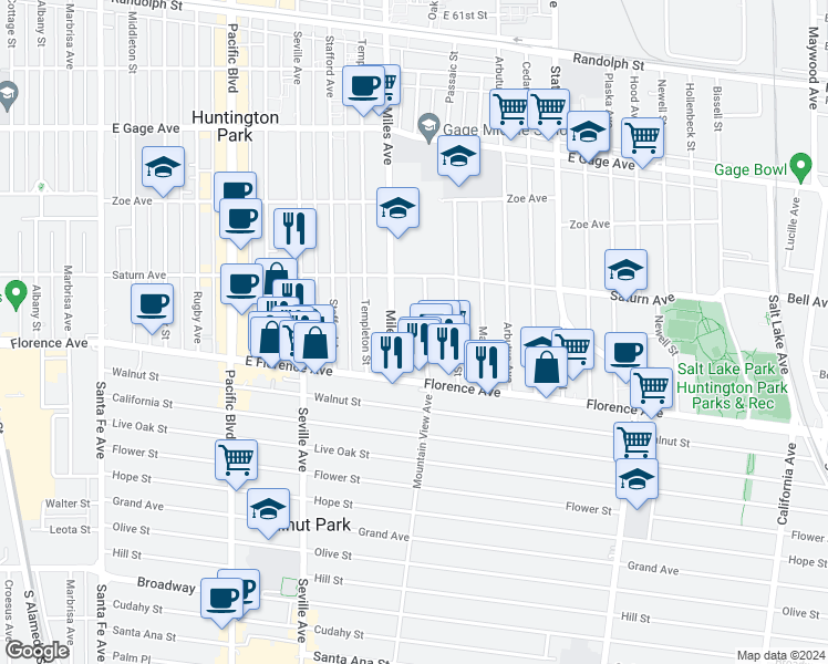 map of restaurants, bars, coffee shops, grocery stores, and more near 7025 Mountain View Avenue in Huntington Park