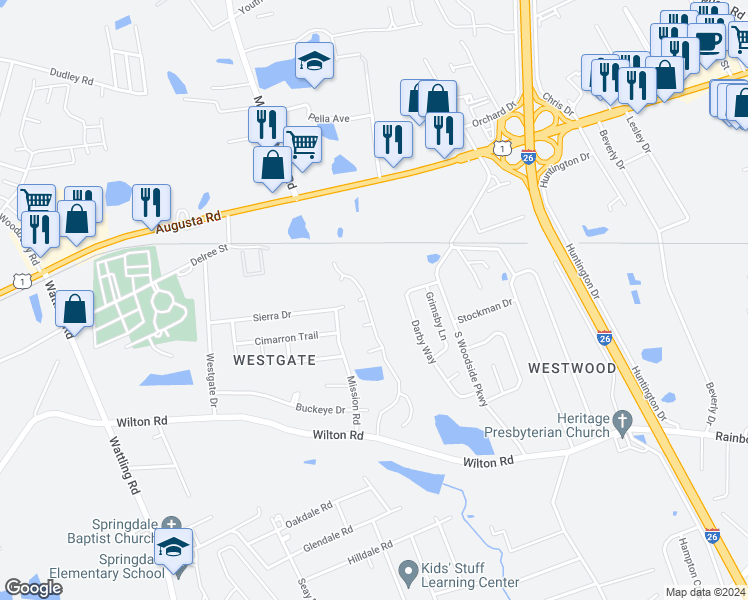 map of restaurants, bars, coffee shops, grocery stores, and more near 214 Stonewood Drive in West Columbia