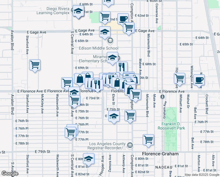 map of restaurants, bars, coffee shops, grocery stores, and more near 1331 E Florence Ave in Los Angeles