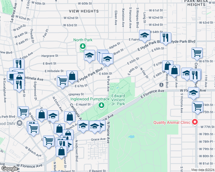 map of restaurants, bars, coffee shops, grocery stores, and more near 751 Stepney Place in Inglewood