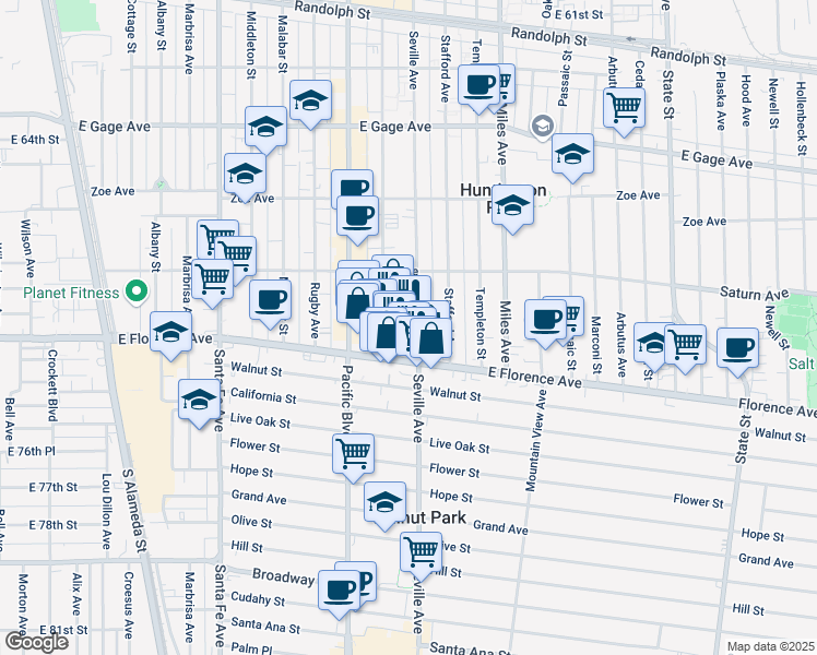 map of restaurants, bars, coffee shops, grocery stores, and more near 7113 Seville Avenue in Huntington Park