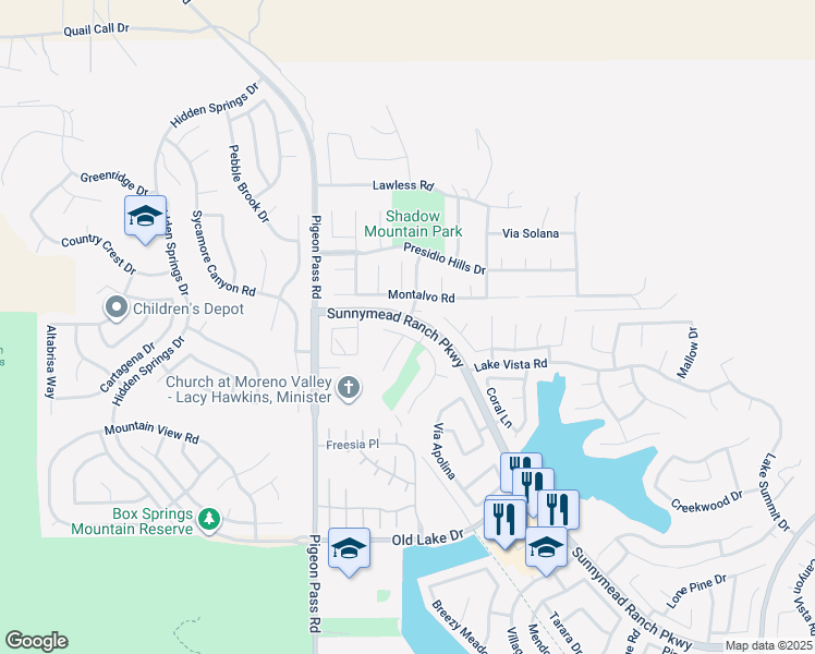 map of restaurants, bars, coffee shops, grocery stores, and more near 10060 Via Pescadero in Moreno Valley