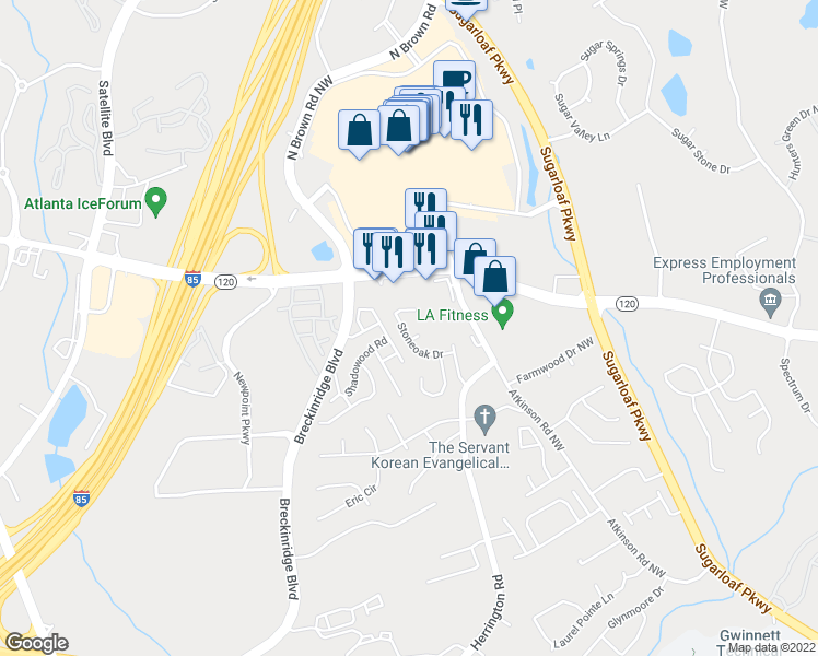 map of restaurants, bars, coffee shops, grocery stores, and more near 2145 Stoneoak Drive in Lawrenceville