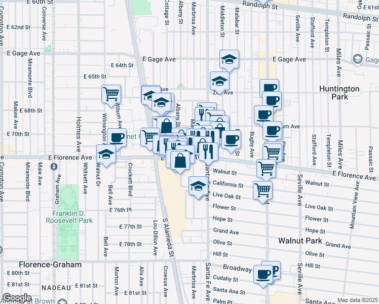 map of restaurants, bars, coffee shops, grocery stores, and more near 2271 Florence Avenue in Huntington Park