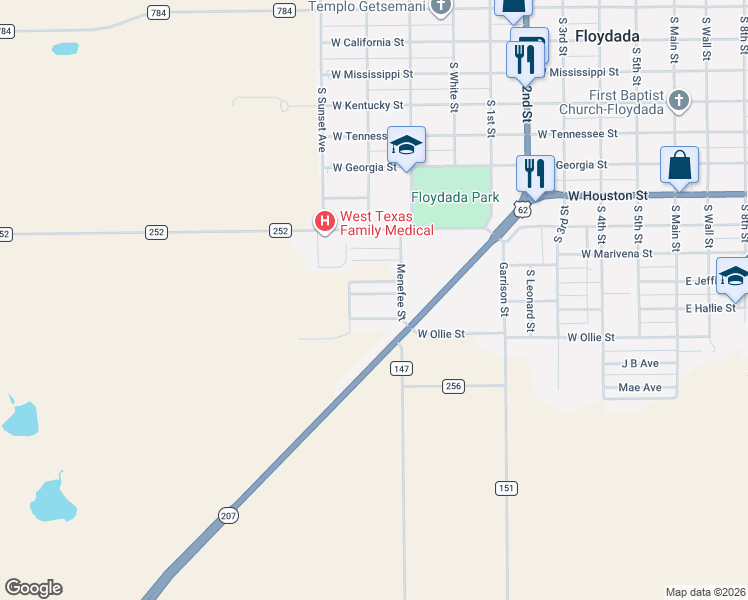 map of restaurants, bars, coffee shops, grocery stores, and more near 813 Cedar Street in Floydada