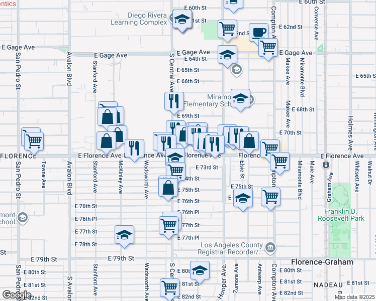 map of restaurants, bars, coffee shops, grocery stores, and more near 1131 East Florence Avenue in Los Angeles