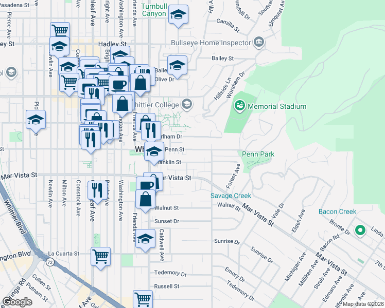map of restaurants, bars, coffee shops, grocery stores, and more near 13716 Penn Street in Whittier