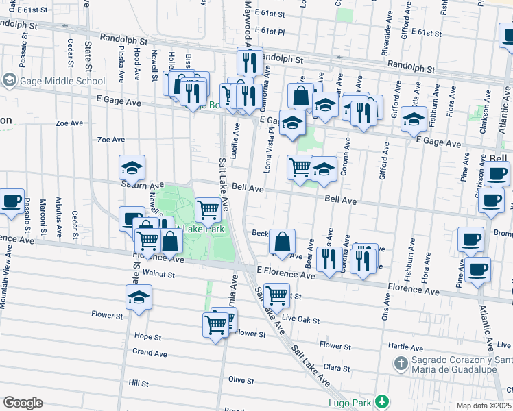 map of restaurants, bars, coffee shops, grocery stores, and more near 3611 Smith Street in Bell