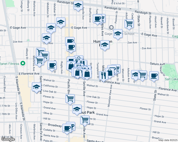 map of restaurants, bars, coffee shops, grocery stores, and more near 7118 Stafford Avenue in Huntington Park