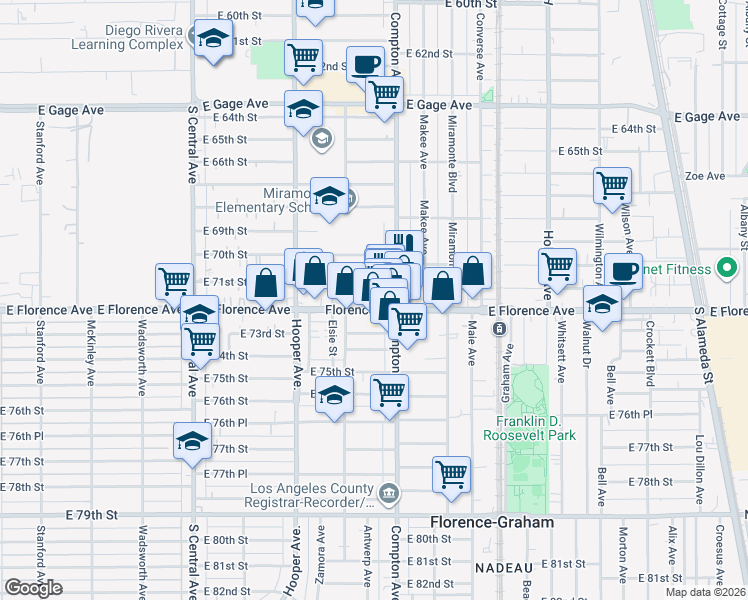 map of restaurants, bars, coffee shops, grocery stores, and more near 7104 Compton Avenue in Los Angeles