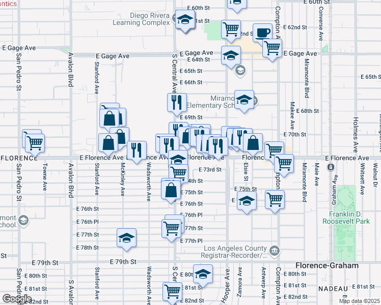 map of restaurants, bars, coffee shops, grocery stores, and more near 1131 East Florence Avenue in Los Angeles
