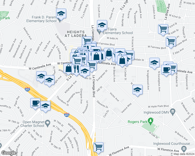 map of restaurants, bars, coffee shops, grocery stores, and more near 559 Evergreen Street in Inglewood