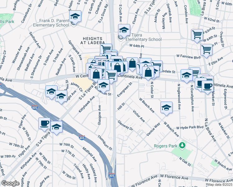 map of restaurants, bars, coffee shops, grocery stores, and more near 559 Evergreen Street in Inglewood