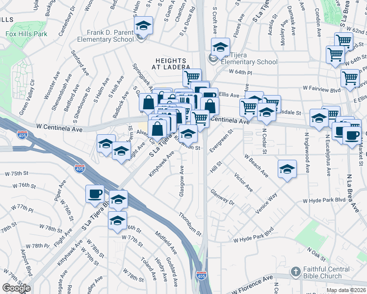 map of restaurants, bars, coffee shops, grocery stores, and more near 6921 Kittyhawk Avenue in Los Angeles