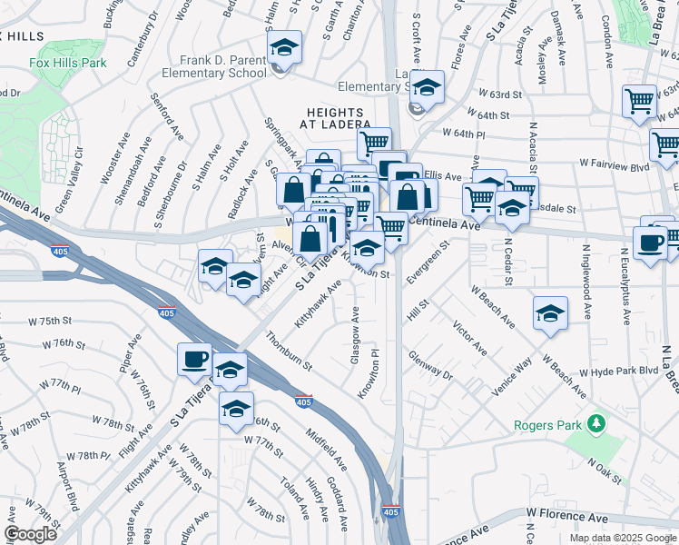 map of restaurants, bars, coffee shops, grocery stores, and more near 6921 Kittyhawk Avenue in Los Angeles