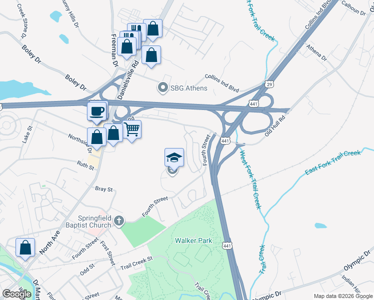 map of restaurants, bars, coffee shops, grocery stores, and more near 105 Oak Hill Drive in Athens
