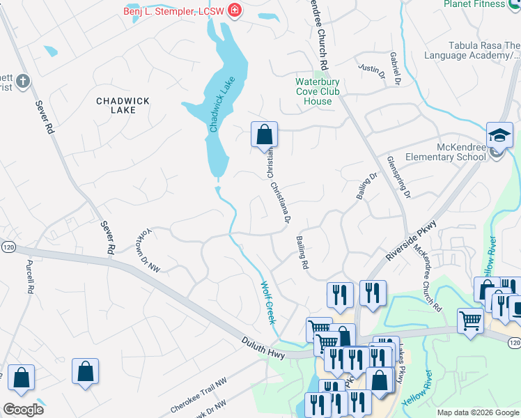map of restaurants, bars, coffee shops, grocery stores, and more near 1360 Walnut Hill Circle in Lawrenceville