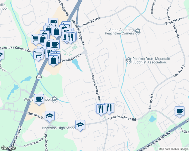 map of restaurants, bars, coffee shops, grocery stores, and more near 4230 Ancroft Circle in Norcross