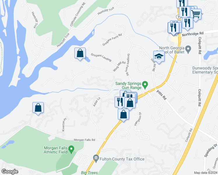 map of restaurants, bars, coffee shops, grocery stores, and more near 8075 Spring Creek Lane in Sandy Springs