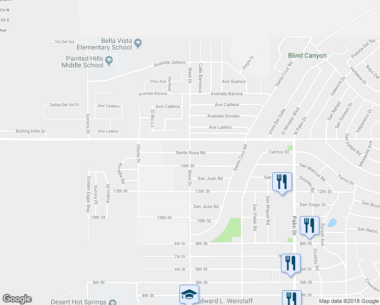 map of restaurants, bars, coffee shops, grocery stores, and more near Santa Rosa Road in Desert Hot Springs