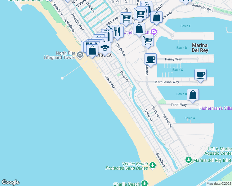 map of restaurants, bars, coffee shops, grocery stores, and more near 3815 Speedway in Marina del Rey