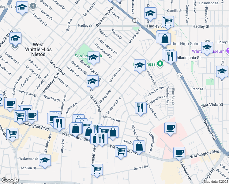 map of restaurants, bars, coffee shops, grocery stores, and more near 7409 Kengard Avenue in Whittier