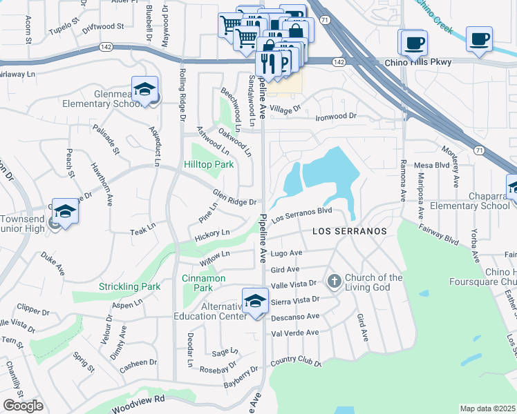 map of restaurants, bars, coffee shops, grocery stores, and more near 4091 Glen Ridge Drive in Chino Hills