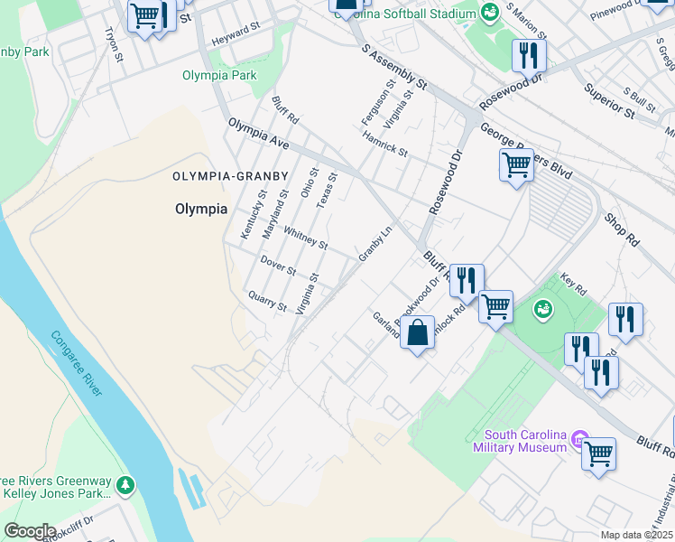 map of restaurants, bars, coffee shops, grocery stores, and more near 323 Nevada Street in Columbia