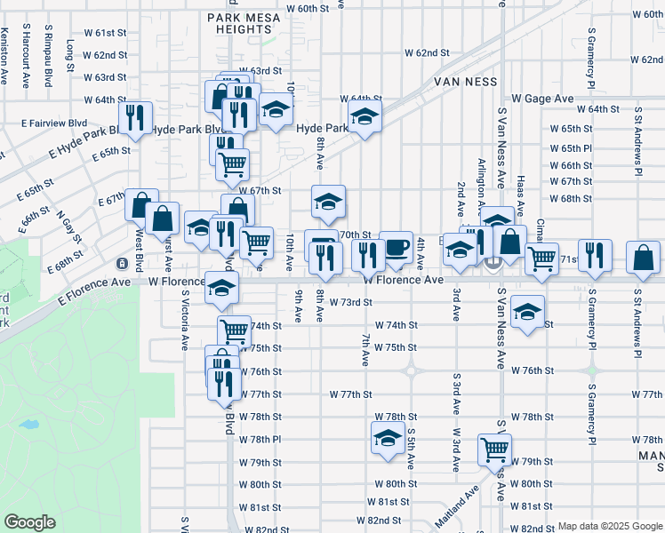 map of restaurants, bars, coffee shops, grocery stores, and more near 7049 Madden Avenue in Los Angeles